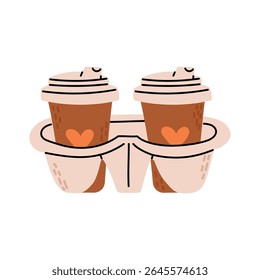 Dos tazas de café en el tenedor disponible de la bandeja de cartón. Bebidas para llevar para dos. Ilustración vectorial plana aislada sobre fondo blanco.