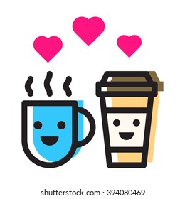 Two coffee cup with hearts. Love coffee icon flat vector on white background. For cafe and restaurant. Funny character