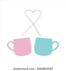 Two Coffee cup with Love. Valentine s day. 14 February. Flat design. Pink and blue. Eps 10