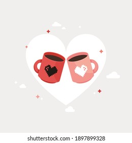 Two Coffee cup with Love. Valentine's day. 14 February. Flat design. Pink and Red. Eps 10