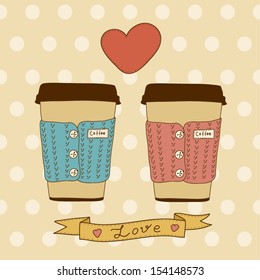 Two coffee cup in vector with word coffee/postcard design