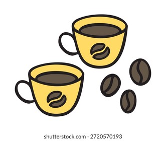 Two coffee cups with beans, hand drawn doodle. Vector illustration.
