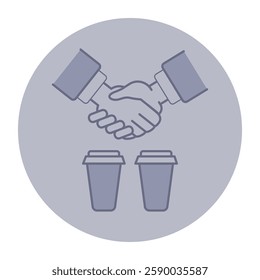 Two coffee cups beneath handshake icon, representing casual meeting or agreement. Collaboration, coffee culture, and professional interactions concept