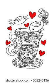  Two Coffee Cups with  two birds. Hand drawing illustration.