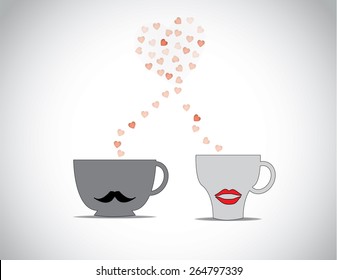 two coffee cups with black mustache & red lips with red flying hearts making a big love shape in a bright white background : concept first date valentine's day art illustration 
