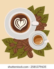 Two coffee cups, espresso, cappuccino, latte top view with a heart shape milk foam standing on a table with a pile of coffee beans and leaves. Flat vector illustration