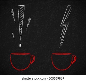 Two coffee cups with exclamation mark and lightning above it as a symbol of enthusiasm. Trendy chalk style illustration