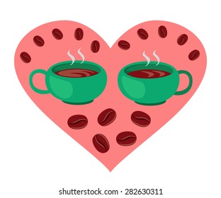 Two coffee cups in a heart with coffee beans