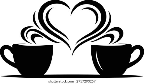 Two coffee cups with heart shaped steam rising  Vector illustration