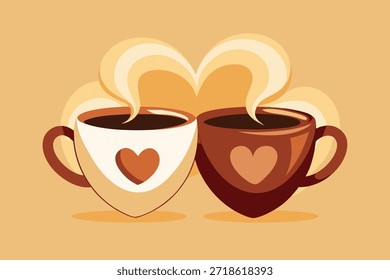 Dos tazas de café con vapor en forma de corazón