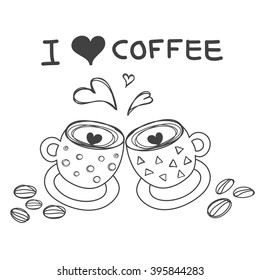 two coffee cups with heart word I love coffee and coffee bean hand drawn for wall sticker or decorate vector