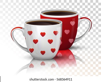 Two Coffee cups with hearts on transparent background in red and white colors. Mirror reflection. Love concept. Vector illustration