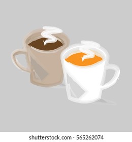 Two coffee cups with hot coffee brush effect