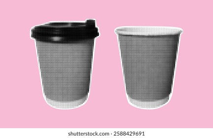 Two coffee cups, with lid and open. Takeaway coffee in pop art halftone style. Vintage dotted effect illustration.
