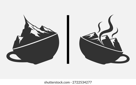 Two coffee cups with mountain and cityscape silhouettes, one steaming, on a white background.