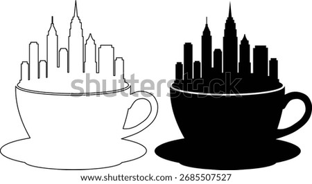 Two coffee cups, one with a city skyline silhouette inside, the other a line drawing, isolated on white background.