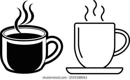 Two coffee cups, one full and steaming, the other empty, with a saucer, are presented in black and white line art.