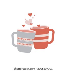 Two coffee cups with ribbons and hearts. Vector Illustration in flat style for printing and social media design. Valentine's Day symbol