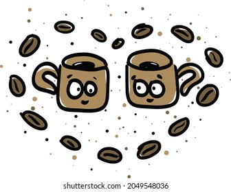 Two coffee cups smile at each other