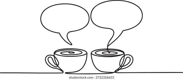 Duas xícaras de café com balões de fala em estilo de linha contínua. Ilustração linear minimalista do conceito de pausa para o café e conversa social. Desenho vetor simples de canecas com vapor formando nuvens de bate-papo vazias para mensagens.
