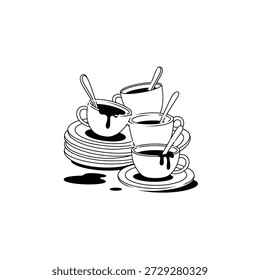 Duas xícaras de café com colheres em pires e pratos empilhados