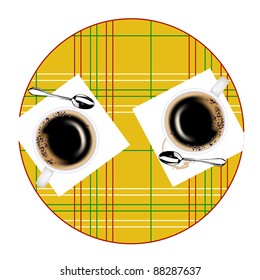 Two coffee cups and two teaspoons on a little table