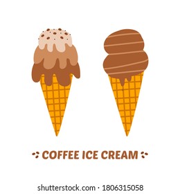 Dos helados de café. Iconos de estilo de dibujos animados vectores, ilustración.