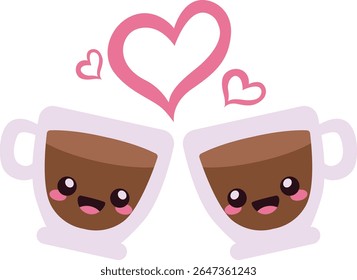 Two coffee mugs clinking with heart above, cute expression, symbolizing love, friendship, celebration, or romantic cheers on Valentine’s Day.