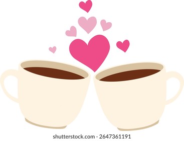 Two coffee mugs clinking with hearts rising above, perfect for Valentine’s Day, celebration of love, or romantic beverage illustrations.