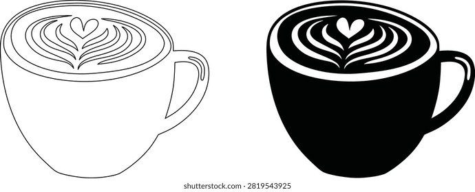 Two coffee mugs, featuring an elegant latte art heart design, one outlined and one a silhouette.
