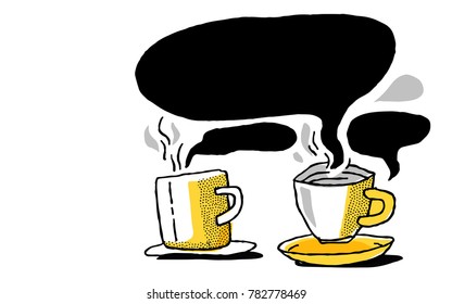 Two coffee mugs with speech bubbles in yellow and black colors.