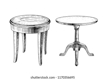 Two coffee tables. Hand-drawn vector illustration in vintage style. Isolated design elements. Clipart. 
