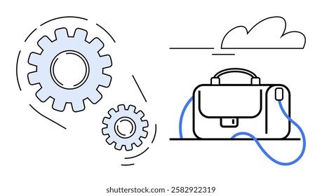 Two cogs symbolize engineering and productivity beside a briefcase, indicating business and management. Ideal for business processes, productivity, engineering, professional growth, project