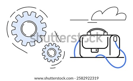 Two cogs symbolize engineering and productivity beside a briefcase, indicating business and management. Ideal for business processes, productivity, engineering, professional growth, project