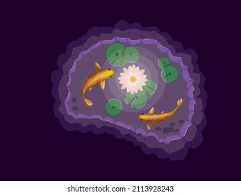 Two coi carps swimming around the lotus in the pond at night