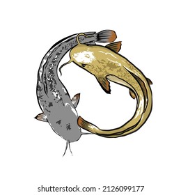 Two coiled gold and gray fish