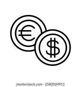 Two coin with dollar and euro symbol: vector illustration, banking, business icon