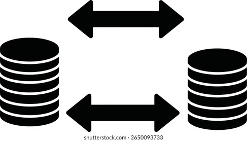 Two coin stacks with arrows represent money exchange on a white background.