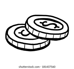 two coins / cartoon vector and illustration, black and white, hand drawn style, black and white image, isolated on white background. svg