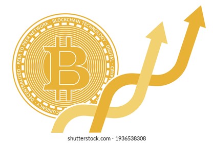 Two coins of digital cryptocurrency Bitcoin from behind two intertwining multicolored orange arrows pointing upwards. Upward trend movement. Price rise. Banner template