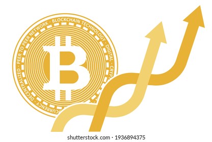 Two coins of digital cryptocurrency Bitcoin from behind two intertwining multicolored orange arrows pointing upwards. Upward trend movement. Price rise. Banner template vector eps 10
