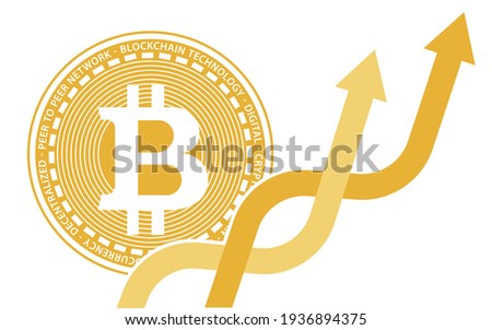 Two coins of digital cryptocurrency Bitcoin from behind two intertwining multicolored orange arrows pointing upwards. Upward trend movement. Price rise. Banner template vector eps 10