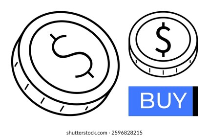 Two coins with dollar symbols and blue buy button represent digital transactions, cryptocurrency, and e-commerce. Ideal for financial apps, online stores, investment platforms, digital payments