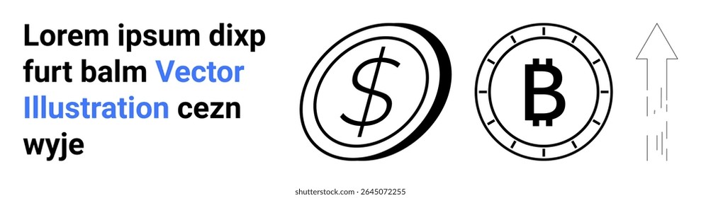 Duas moedas com sinal de dólar e bitcoin, seta para cima indicando crescimento, texto lorem ipsum. Ideal para finanças, investimentos, criptomoeda, economia, crescimento de negócios, tendências de mercado, digital