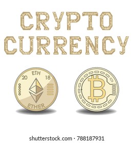 Two coins with the symbol of Ethereum and Bitcoin. Technology, business and hi-tech symbol. Vector illustration isolated on white background. Cryptocurrency logo. Circuit board flat graphics.