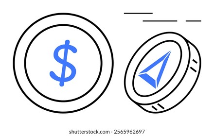 Two coins with unique symbols. One has a dollar sign, the other features an abstract triangle design. Ideal for digital currency, cryptocurrency, finance, technology, and economic themes. Simple