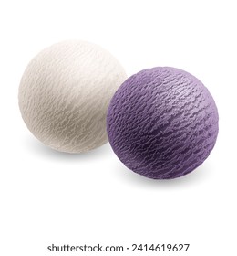 Two cold, sweet ice cream or gelato scoops in white and purple colors, isolated on a white background