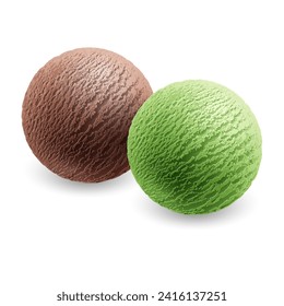 Two cold, sweet ice cream or gelato scoops in brown and green colors, isolated on a white background