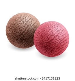 Zwei kalte, süße Eis- oder gelato-Scoops in braunen und roten Farben einzeln auf weißem Hintergrund