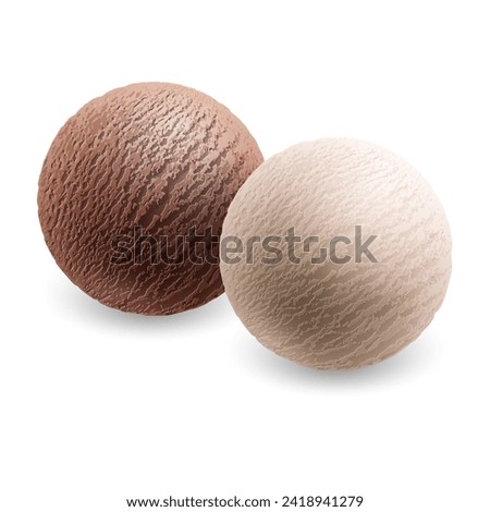 Two cold, sweet ice cream or gelato scoops in brown and white colors, isolated on a white background